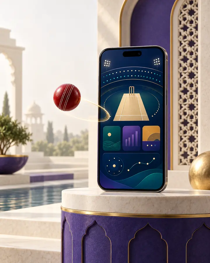 Premium smartphone with abstract cricket gaming interface on an Indian inspired light background