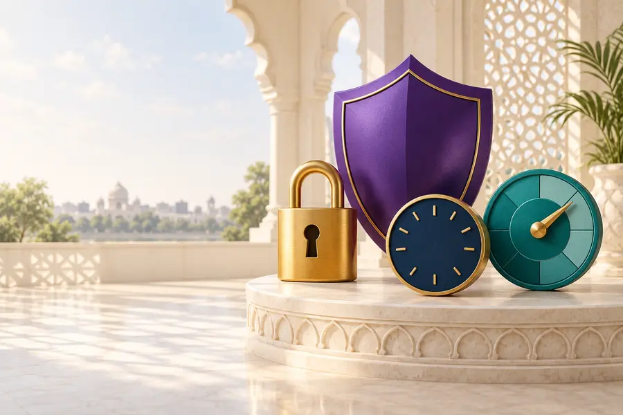 Calm safety shield timer and budget controls on a premium white background